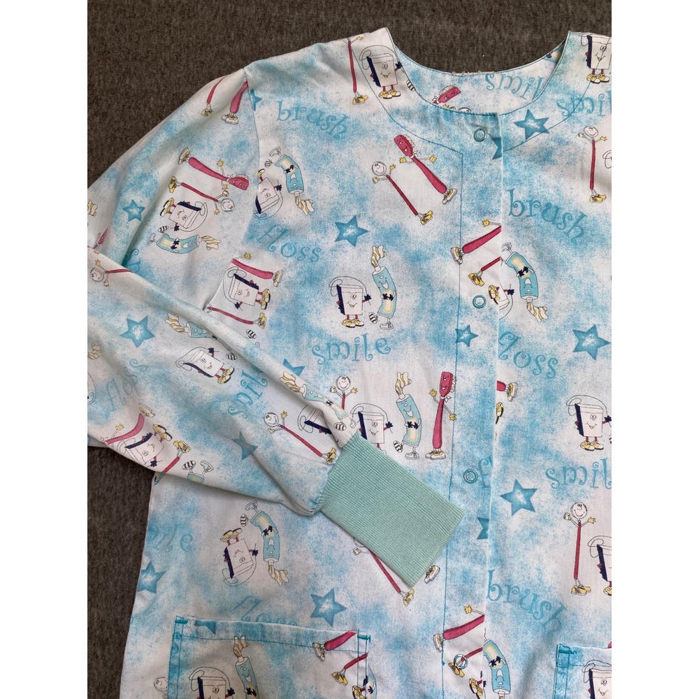 Happy Scrubs Dental Novelty Print Snap Front Jacket Blue Women Small Long Sleeve